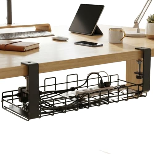 2 Pack Under Desk Cable Management Tray, No Drill Metal Cord Organizer with Clamp Mount, Wire Management Rack for Home Office PC Setup, Black