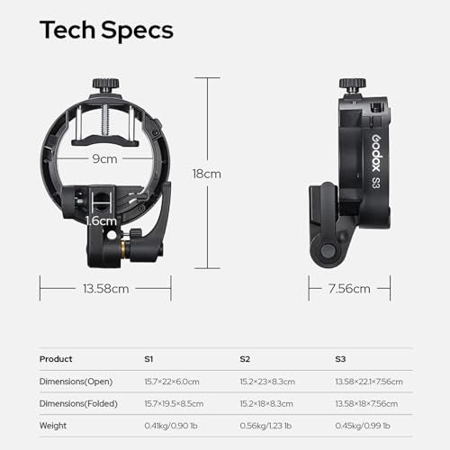 GODOX S3 Speedlite Bracket, 𝐆𝐨𝐝𝐨𝐱 𝐒𝟐 𝐔𝐩𝐠𝐫𝐚𝐝𝐞, Adjustment Angle±90°,Umbrella Hole, Bowens Mount Holder for Godox AD200Pro II AD300Pro II AD200Pro V1 V100 V1Pro AD300Pro AD100Pro etc.