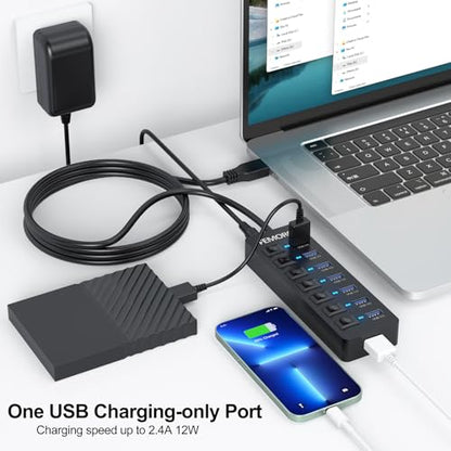Powered USB Hub 4ft Cord for PC, 7 USB3.0 Data Ports and 1 Smart Charging Port with Power Adapter & Individual Switches for MacBook Pro/Air/Neo Laptop Desktop Computer Mini PC