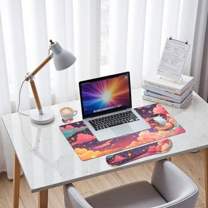 Dreamy Clouds Desk Mat Set Magical Star Night Large Mouse Pad with Wrist Rest 4in1 Desk Mat for Desktop Ergonomic Keyboard Wrist Support Anti-Slip Computer Ergonomic Mouse Pad Home Office Gaming - color: Dreamy Clouds