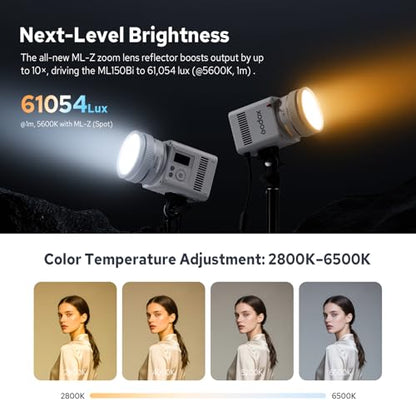 Godox ML150Bi Bi-Color COB LED Video Light 150W, 61054Lux@1m, 2800K-6500K, 11 FX, Compact COB LED Continuous Output Lighting for Studio & Outdoor Shooting, APP/DMX/RDM Control, Handheld LED Monolight - color: ML150Bi
