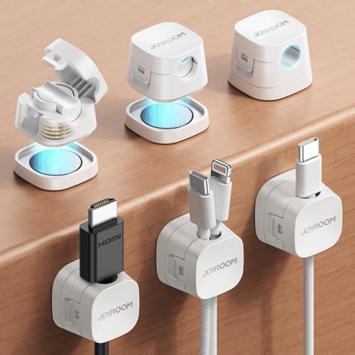 JOYROOM Detachable Magnetic Cord Organizer w/Secure Snap-Lock, 2-in-1 Adhesive& Magnetic Cable Clips, Auto-Fit Spring Management for φ1.5~8mm Cables, Under Desk Nightstand Home Office Car Wire Keeper - color: White