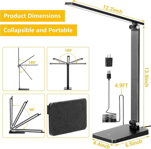 LED Desk Lamp for Home Office, 3 Levels Dimmable Desk Light with USB Charging Port, Small Study Lamp, Reading Light for Table, Black, 5000K - color: Black