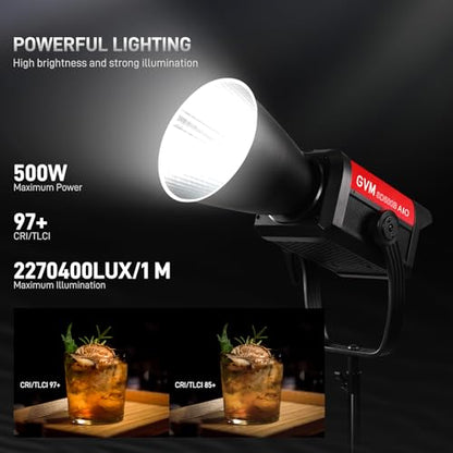 GVM 500W COB LED Video Light, APP Control, Bi-Color Continuous Output Lighting with Bowens Mount, 2700K-6800K, CRI/TLCI97+, 227040lux@1m, 12 Effects & 12 Sources for Studio Photography - size: 500W