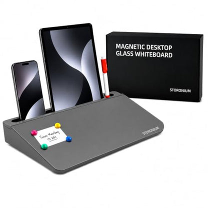 Glass Desktop Magnetic Whiteboard with Storage, Frosted Glass Dry Erase Board for Desk, Desk Organizer with Strong Magnets and Phone Stand for Home Office and School Supplies