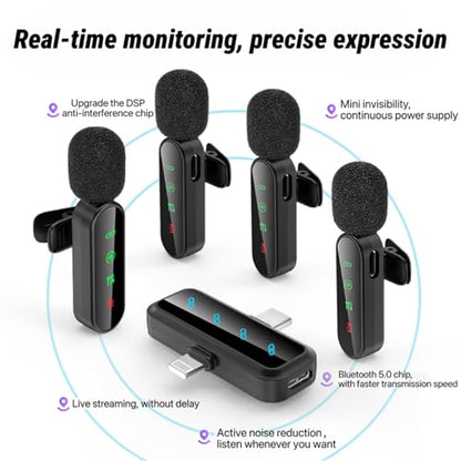 3 in 1/Four in one Wireless Lavalier Microphone for iPhone,iPad,Android,Camera,computer,mini Noise Reduction Recording Mic Ultra-Low Delay,for Vlog/ TikTok/YouTube Live Stream (Upgrade 4mic) - style: Upgrade 4mic