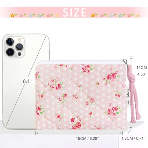 Cotton Quilted Floral Coin Purse Digital Camera Pouch with Cute Prints Zipper for Women Girls (PINK ROSE) - color: PINK ROSE