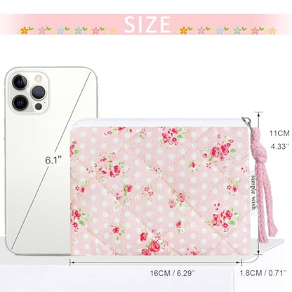 Cotton Quilted Floral Coin Purse Digital Camera Pouch with Cute Prints Zipper for Women Girls (PINK ROSE) - color: PINK ROSE