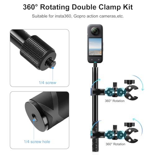PULUZ Double Clamp Motorcycle Mount Kit for Insta360 X4 X3 X2 GO 3 One RS Camera, Bike Handlebar Mount Bundle with 59" Invisible Selfie Stick Telescopic for Moto Bicycle Riding Records - style: Double Camera Mount Kit