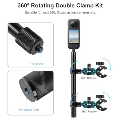 PULUZ Double Clamp Motorcycle Mount Kit for Insta360 X4 X3 X2 GO 3 One RS Camera, Bike Handlebar Mount Bundle with 59" Invisible Selfie Stick Telescopic for Moto Bicycle Riding Records - style: Double Camera Mount Kit