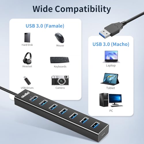 atolla Aluminum 7-Port USB 3.0 Hub with 1m Extension Cable - 5Gbps High-Speed Data Transfer for MacBook Pro, Laptop, PC, Gaming Setup - color: Black