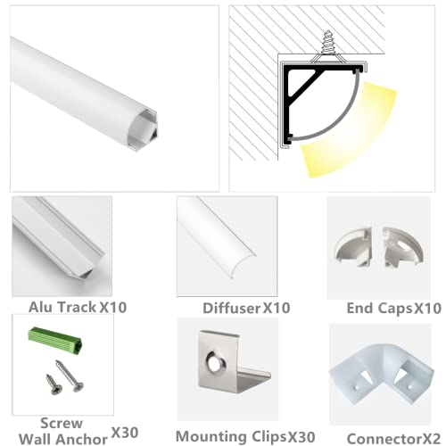 THMOOTHER 10-Pack 3.3FT 1Meter V Shape LED Strip Aluminum Channel Diffuser System, Extruded Alu Track Milky Cover with Corner Connector and Mounting Kit,Easy Cut and Installed Curved Lens Profile