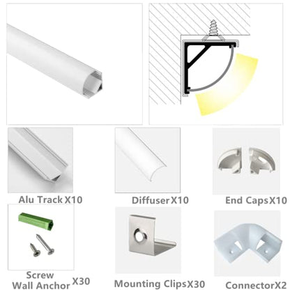 THMOOTHER 10-Pack 3.3FT 1Meter V Shape LED Strip Aluminum Channel Diffuser System, Extruded Alu Track Milky Cover with Corner Connector and Mounting Kit,Easy Cut and Installed Curved Lens Profile
