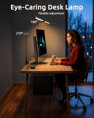Desk Lamps for Home Office, Sensor Switch Dual Lamp Head | 270° Rotatable & Extendable Aluminum Alloy Arm, Eye-Caring, 24W Dimmable 3 Color Modes Desk Light with Clamp