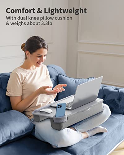 SAIJI Laptop Lap Desk for Bed—Fits Up to 17" Laptops & MacBook,Lightweight Tray Table with Soft Leather Wrist Pad,Sturdy Phone/Tablet Holder, Laptop Stand with Cushion for Home Office/Gaming On Couch - color: Light Gray