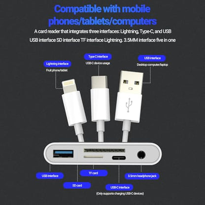 SD Card Reader Hub USB C Lightning USB to OTG 3.5mm Aux Charger TF Adapter (5in1) for iPhone 17 16 15 14 13 Pro Max Splitter Camera Computer Android Audio Charging Accessories Compatible with Samsung