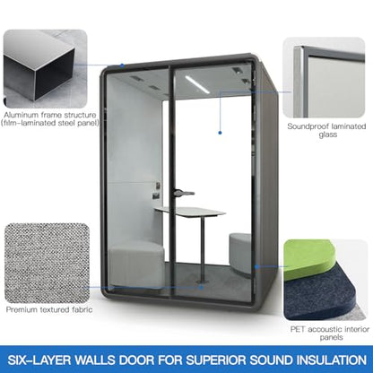 Soundproof Office Pod Booth, 2 Person Meeting Pod Black, Quiet Meeting Pod with Acoustic Panels, Portable Modular Pod, Mobile Sound Proof Booth, Privacy Phone Booth for Calling H92in W63in D55in