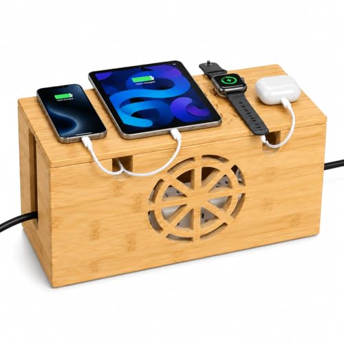Cable Management Box - Large Bamboo Cord Organizer for Desk and Home Office - Power Strip Hider with Ventilation, 15.7 x 6.7 x 6.7in