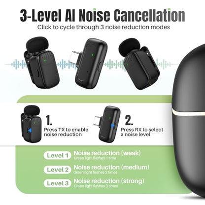 Mini Wireless Lavalier Microphone for iPhone/Android/PC with USB-C Plug, 3-Level Noise Reduction, 30H Battery Life with Charging Case, AI Voice Changer Microphone, Tiny Mics for Vlogging & Podcast