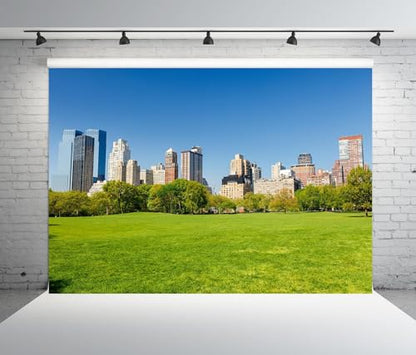 12x10ft New York City Central Park Backdrop Green Grass Land City View Photography Background Blue Sky Sunny Day Garden Grass Backdrop for Holiday Birthday Party Wedding Portrait Prop - size: 12x10FT