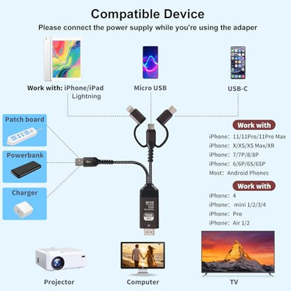 Universal 3-in-1 HDMI Mirroring Cable (6.6FT), Lightning/Micro USB/USB C to HDMI Adapter for All iPhone, Android Phones, iPad, Support 2K 60Hz 1080P Mirroring to Projector/Monitor/TV