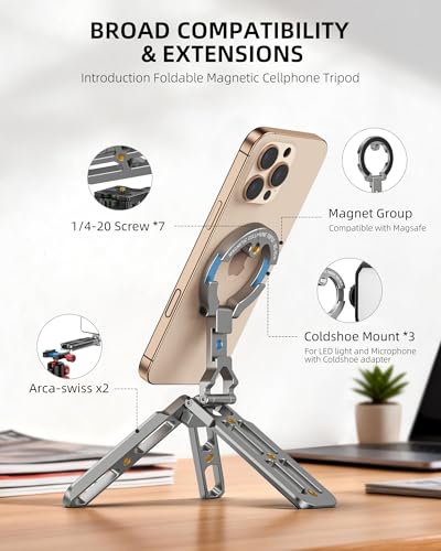 Magnetic Aluminum Phone Tripod Holder Mount Stand Handle with 1/4" Srcew & Cold Shoe & Arca-Swiss,Mini Pocket Foldable Cell Phone Stand,Compatible with MagSafe for iPhone, Fits Gym,Vlog,Travel,Desk