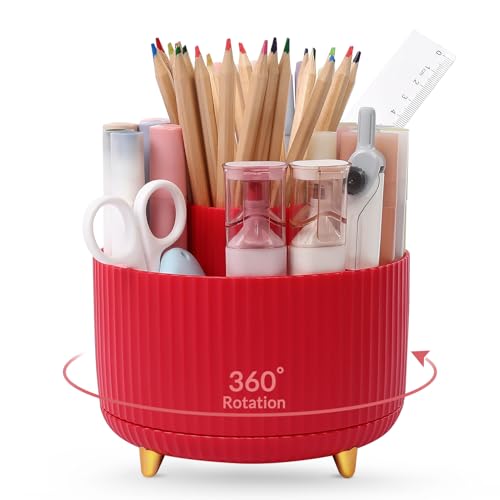 SKYDUE 360 Degree Rotating Desk Organizer, Dual-Purpose Pencil Pen Holder, Pen Organizer with 5 Slots, Pencil Cup for Office, School, Home - color: Red