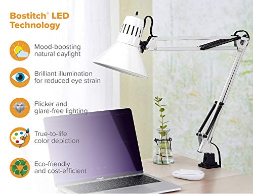 Bostitch Office VLF100-WHT Swing Arm Desk Lamp with Clamp Mount, 36" Reach with Multi-Joint Adjustment, Includes Replaceable LED Bulb (VLF), White - style: Clamp, White