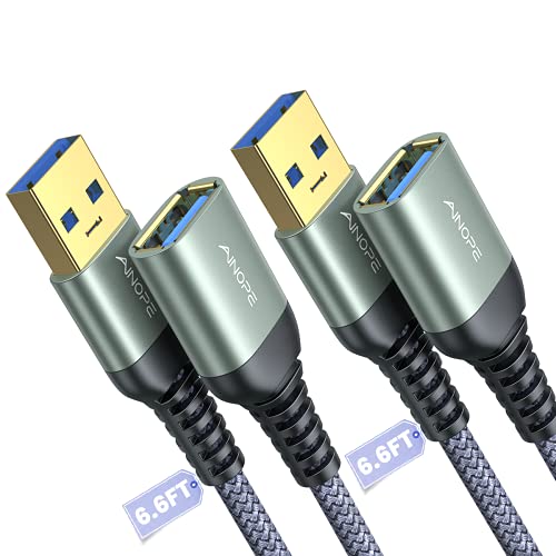 AINOPE 2 Pack USB Extensions Cable High Speed USB 3.0 Extension Cord Type A Male to Female Sturdy Braided Material Fast Data Transfer Compatible with USB Keyboard,Mouse,Flash Drive,Grey,6.6FT+6.6FT - color: Grey, size: 6.6FT+6.6FT