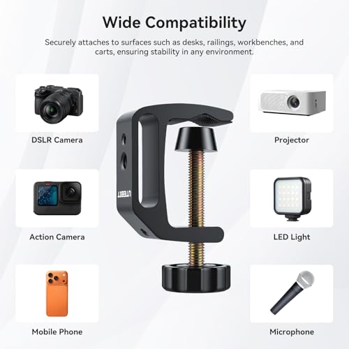 UTEBIT Universal C-Clamp for Desktop Mount Holder, with 1/4" & 3/8" Thread | 3.7"-5.7" Desk C-Clamp Aluminum Support Clamp for Desktop Mount Carts Benches Worktables, Black - size: 3.7-5.7 inch