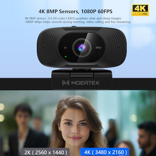 4K Webcam with Microphone, 1080P 60fps Webcam for PC, 8MP UHD 92° Wide Angle Len, Automatic Light Correction, USB Camera with Privacy Cover, External Computer Camera for Business Meeting/Video Call - style: 4K Webcam with Noise-reducing Mic