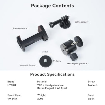 UTEBIT 31mm Strong Magnetic Camera Mounting Base, Magnet Action Camera Mount with 360° Rotation Mini Ball Head & Phone Holder Mount, Compatible with Gopro Hero, DJI Osmo Action Osmo Nano, Insta 360 - size: 31MM