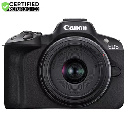 Canon EOS R50 Mirrorless Camera (Black) with RF-S 18-45mm F4.5-6.3 is STM Lens 5811C012 (Renewed) Bundle with Deco Gear Photography Bag + Microphone + Tripod + Photography Ebook & Accessories Kit