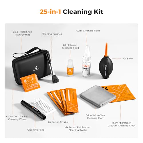 K&F Concept 25-1 Professional Camera Cleaning Kit with Full Frame Sensor Cleaning Swabs/60ML & 20ML Lens Cleaner/Cleaning Wipes/Camera Blower/Lens Pen Brush/Microfiber Cloths/Carrying Case - size: 24mm