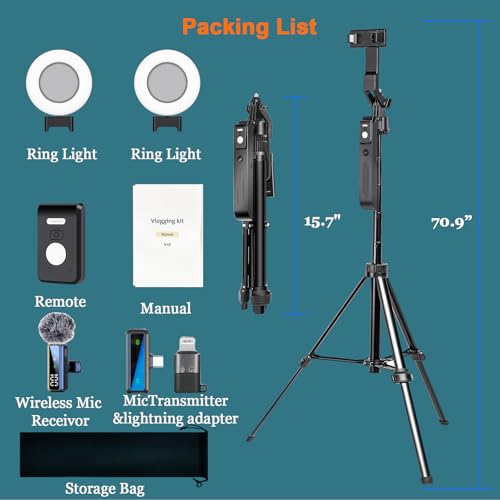 70.9” Auto Face Tracking Tripod for iPhone Anriod Phone,Vlogging Kit | Content creator essentials,with light , 360 rotatable tripod, with wireless microphone and remote - style: With T20 Mic