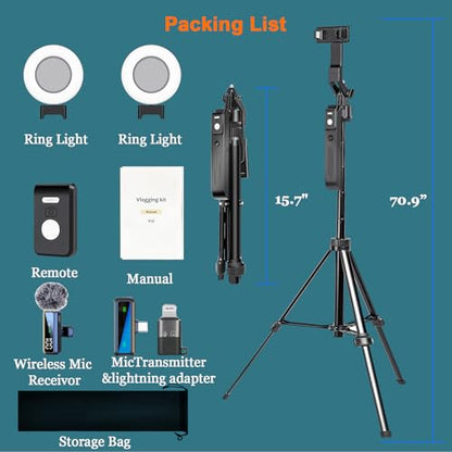 70.9” Auto Face Tracking Tripod for iPhone Anriod Phone,Vlogging Kit | Content creator essentials,with light , 360 rotatable tripod, with wireless microphone and remote - style: With T20 Mic