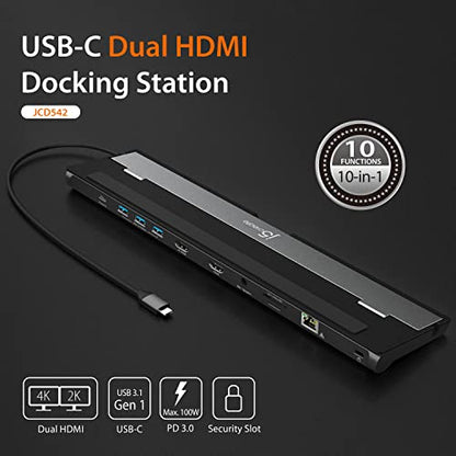 j5create USB-C Dual HDMI Docking Station (10-in-1), 4K + 1080p Dual HDMI Display, 5Gbps USB-A x3, SD Card Reader, PD 100W, RJ45 Ethernet, Combo Audio Jack, for MacBook and Windows Laptop (JCD542)