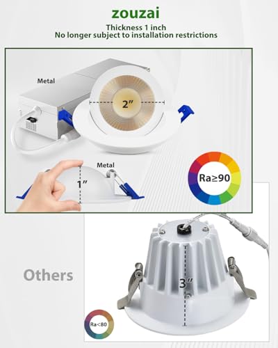 zouzai 2 Inch Gimbal LED Recessed Lights, White, 1 Pack, with Junction Box, 360°+ 90° Adjustable, 5CCT 2700K-5000K, Dimmable, Canless Eyeball Downlight, CRI90+, 550LM 5W 120V, ETL - color: White-2 inch, size: 1 Pack
