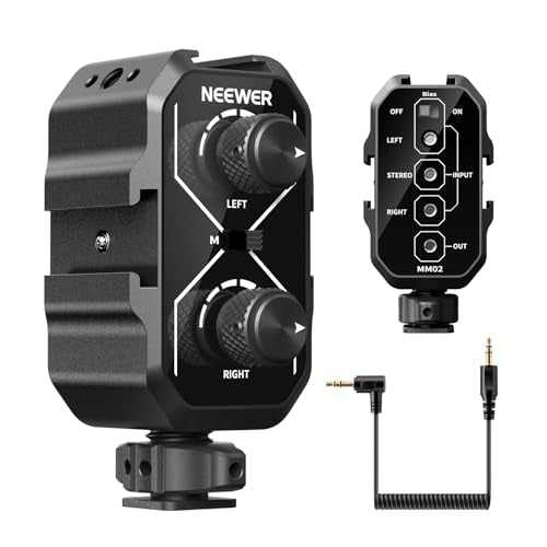 NEEWER MM02 Dual Channel Microphone Audio Mixer Adapter with 3.5mm TRS Cable, Stereo/Mono Switch, Cold Shoe Mounts for DSLR Camera, Smartphones, Wireless Mic Receiver, Video Recording Interview Mic - style: MM02