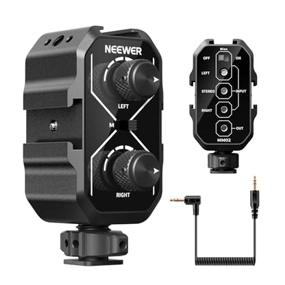 NEEWER MM02 Dual Channel Microphone Audio Mixer Adapter with 3.5mm TRS Cable, Stereo/Mono Switch, Cold Shoe Mounts for DSLR Camera, Smartphones, Wireless Mic Receiver, Video Recording Interview Mic - style: MM02