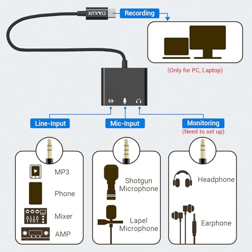 Cubilux USB C to 3.5mm Adapter for Live Streaming/Recording, USB C to TRRS Microphone Splitter for Laptop, Recording Adapter with Line-in & Mic-in & 3.5 Headphone Out-Suitable for Laptop/PC