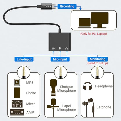 Cubilux USB C to 3.5mm Adapter for Live Streaming/Recording, USB C to TRRS Microphone Splitter for Laptop, Recording Adapter with Line-in & Mic-in & 3.5 Headphone Out-Suitable for Laptop/PC