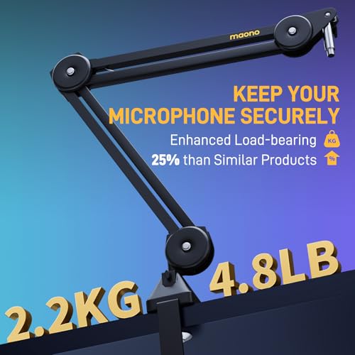 MAONO Microphone Boom Arm: Heavy Duty Adjustable Metal Suspension mic stand with Upgraded Desk Clamp and 3/8" to 5/8" Screw Adapter for Podcasting Recording Streaming Gaming - BA37