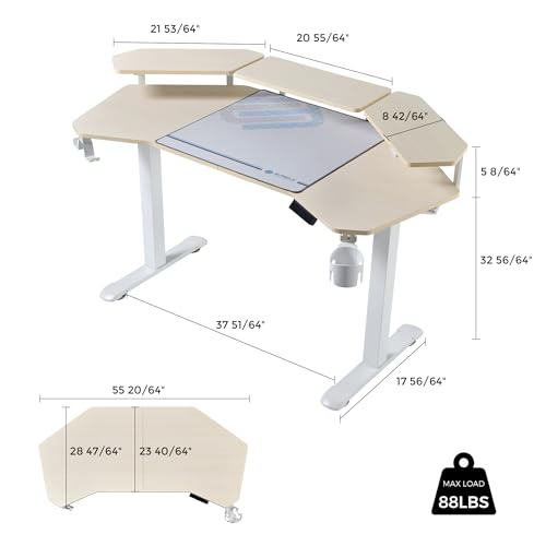EUREKA ERGONOMIC Aero 55 Inch W Shaped Electric Standing Desk, Height Adjustable Computer Gaming Desk with LED Monitor Shelf, Mouse Pad, Headphone Hook, Cup Holder, Natural Maple - color: Maple, size: 55"W x 35"H-Adjustable