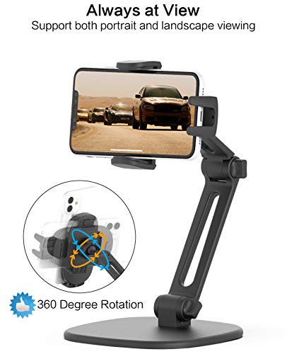 APPS2Car Phone Stand for Desk [No Dropping Stable Triple-Clamp Holder] Adjustable Height 360 Degree Rotation Heavy Base Thick Case Friendly, Multifunctional Cell Phones Stand for iPhone Android Phones