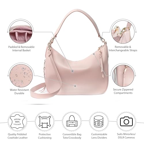 Meliae Camera Bag for Women, DSLR Mirrorless Camera Purse, Leather Shoulder Crossbody Hobo Travel Tote - color: Pink