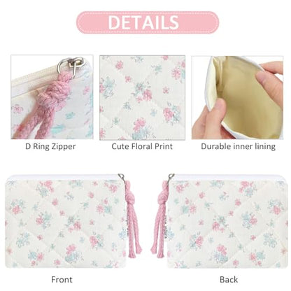 Cotton Quilted Floral Coin Purse Digital Camera Pouch with Cute Prints Zipper for Women Girls (BLUE PINK) - color: BLUE PINK