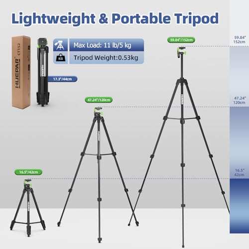 Huepar 60-Inch Lightweight Tripod Portable Adjustable Tripod for Laser Level with 3-Way Swivel Pan Head, 2 Bubble Levels, 1/4" and 5/8" Thread Mount for Varieties Tools, Only for Indoor Basic Work - size: 60-Inch