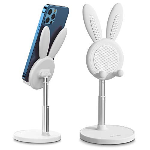 OATSBASF Cute Bunny Phone Stand, Adjustable Cell Phone Holder for Desk, Weighted Base Kawaii Desk Accessories, Aesthetic Room Decor Gift for Women/Girls/Kids, Compatible with All Phones - color: White