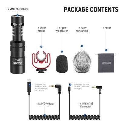 NEEWER Plug & Play Vlog Microphone for Camera, 20-20KHz Mini Supercardioid Mic Compatible with Sony Canon Nikon iPhone Samsung Android Tablet Mac with 3.5mm TRS USB C OTG Shock Mount Windscreen, VM10 - style: VM10